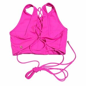 BUFF BUNNY Hot Pink Halter Neck Lace Up Athletic Crop Top